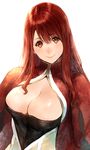  blush breasts cleavage large_breasts long_hair looking_at_viewer makimura_shunsuke maou_(maoyuu) maoyuu_maou_yuusha red_eyes red_hair simple_background smile solo white_background 