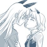  animal_ears blush closed_eyes couple eila_ilmatar_juutilainen imminent_kiss long_hair monochrome mukiki multiple_girls necktie sanya_v_litvyak short_hair simple_background strike_witches white_background world_witches_series yuri 