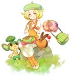  bag bel_(pokemon) beret blonde_hair closed_eyes eating gen_5_pokemon handbag hat irouha munna orange_legwear pansage pantyhose pokemon pokemon_(creature) pokemon_(game) pokemon_bw sitting skirt tepig white_skirt 