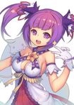  :3 :d aisha_(elsword) bare_shoulders battle_magician_(elsword) breasts cleavage creature crossover elsword gloves kyubey mahou_shoujo_madoka_magica medium_breasts open_mouth purple_eyes purple_hair purple_skirt short_hair skirt smile tsliuyixin twintails v white_background white_gloves 