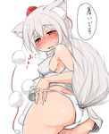  animal_ears ass bare_shoulders blush hat ichirin inubashiri_momiji looking_at_viewer no_pants panties panty_pull red_eyes short_hair silver_hair solo tail tokin_hat tongue touhou translated underwear white_background wolf_ears wolf_tail 