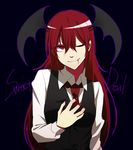  black_background blood english formal hair_between_eyes hand_on_own_chest head_wings hyou_haku koakuma long_hair long_sleeves necktie one_eye_closed outline red_eyes red_hair red_neckwear smile solo touhou vest 