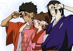  2boys afro black_hair bracelet brown_eyes brown_hair dark_skin double_v facial_hair fuu glasses hair_ornament highres japanese_clothes jewelry jinnosuke kimono long_hair mugen multiple_boys samurai_champloo smile stubble twintails v v_over_eye vector_trace wide_sleeves 