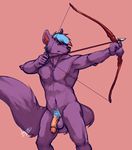  armpits arrow balls biceps black_nose blue_hair boulevard bow bow_(weapon) canine cut_penis flaccid fluffy_tail fox fur hair humanoid_penis hybrid longbow looking_away male mammal mouse muscles nipples nude pecs penis plain_background pubes purple_fur ranged_weapon red_background red_eyes red_hair rodent serious solo weapon wolf 