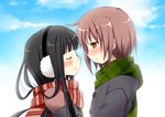  1girl black_hair blush brown_eyes brown_hair closed_eyes earmuffs jacket long_hair mittens original oumi_neneha school_uniform smile upper_body 