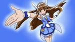  arm_up bike_shorts blue blue_background blue_skirt blush bow bowtie brooch brown_eyes brown_hair choker cosplay cure_beauty cure_beauty_(cosplay) embarrassed head_wings jewelry karin_(salmon_kakka) long_hair mikihara_megumi precure shorts shorts_under_skirt skirt smile_precure! solo tiara tokimeki_memorial tokimeki_memorial_1 wrist_cuffs 