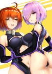  2girls ahoge ass back_cutout bangs bare_shoulders black_leotard blue_eyes blush breasts collar cosplay dantes_ward elbow_gloves eyebrows_visible_through_hair fate/grand_order fate_(series) fujimaru_ritsuka_(female) gloves hair_ornament hair_over_one_eye hair_scrunchie hand_holding highres interlocked_fingers large_breasts lavender_hair leotard looking_at_viewer looking_back mash_kyrielight mash_kyrielight_(cosplay) multiple_girls navel navel_cutout one_side_up open_mouth orange_eyes orange_hair scrunchie short_hair smile smug stomach thong_leotard yellow_scrunchie 