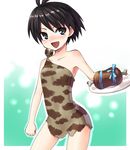  antenna_hair bad_id bad_pixiv_id bare_shoulders black_hair blue_eyes boned_meat caveman food idolmaster idolmaster_(classic) idolmaster_1 kikuchi_makoto meat plate smile solo tougyuu_yukio 