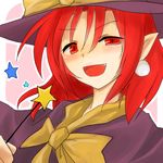  commentary_request earrings fang hat jewelry kirisame_marisa kirisame_marisa_(pc-98) open_mouth pointy_ears red_eyes red_hair solo star story_of_eastern_wonderland suna_kiririto touhou touhou_(pc-98) wand witch_hat 