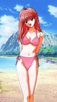  90s beach bikini day fujisaki_shiori kokura_masashi long_hair lowres official_art outdoors pink_bikini red_eyes red_hair scan swimsuit tokimeki_memorial tokimeki_memorial_1 