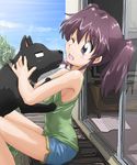  asou_natsumi bangs bare_arms bare_legs bare_shoulders black_dog blue_shorts blue_sky blush breasts cloud cloudy_sky collar commentary_request d; day dog dog_collar face_licking from_side green_tank_top licking no_bra one_eye_closed open_door open_mouth outdoors paws purple_eyes purple_hair red_hair sanpaku shiny shiny_hair short_hair short_shorts short_twintails shorts sideboob sitting sketchbook_full_colors sky sleeveless small_breasts solo tanada-bon tank_top twintails 