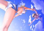  ahoge artoria_pendragon_(all) bikini blonde_hair blue_eyes cloud crotch day dive fate/stay_night fate_(series) foreshortening kneepits perspective reflection ripples saber side-tie_bikini sky solo swimsuit thighs uraomote water white_bikini 