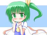  ascot blush daiyousei geetsu green_eyes green_hair hair_ribbon hand_on_own_face oekaki ribbon short_hair side_ponytail solo touhou upper_body wings 