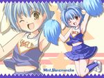  animal_ears blue_hair blue_skirt character_name cheerleader galaxy_angel jumping mint_blancmanche navel non-web_source one_eye_closed pom_poms short_hair skirt solo yellow_eyes zoom_layer 