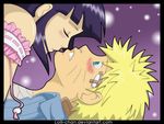  1girl assertive bandaid bandaid_on_face bangs bare_shoulders blonde_hair blue_eyes blunt_bangs blush clenched_teeth closed_eyes closed_mouth colorized couple d: deviantart_username frills hetero hyuuga_hinata lolli-chan naruto naruto_(series) open_mouth purple_background purple_hair short_hair simple_background spiked_hair teeth uzumaki_naruto watermark web_address whisker_markings 