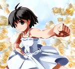  :3 antenna_hair bare_shoulders black_hair brown_eyes dress flat_chest foreshortening hands hirosato idolmaster idolmaster_(classic) idolmaster_1 kikuchi_makoto punching smile solo 