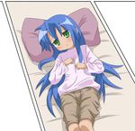  bad_id bad_pixiv_id blue_hair green_eyes haiteku highres izumi_konata long_hair lucky_star lying mole mole_under_eye solo 