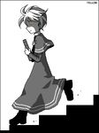  artist_request book boots character_name dress greyscale hat lowres monochrome pokemon pokemon_special short_hair simple_background solo spot_color stairs white_background yellow_(pokemon) yellow_eyes 
