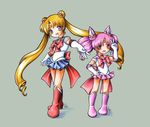  back_bow bishoujo_senshi_sailor_moon blonde_hair blue_eyes blue_sailor_collar blue_skirt boots bow chibi chibi_usa choker double_bun elbow_gloves gloves grey_background knee_boots long_hair magical_girl multiple_girls nefis open_mouth pink_choker pink_eyes pink_footwear pink_hair pink_sailor_collar red_bow red_choker sailor_chibi_moon sailor_collar sailor_moon sailor_senshi sailor_senshi_uniform simple_background skirt tiara tsukino_usagi twintails very_long_hair white_gloves 