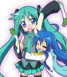  ahoge armpits bad_id bad_pixiv_id blue_eyes blue_hair blush closed_eyes cosplay detached_sleeves green_hair hatsune_miku hatsune_miku_(cosplay) headphones hiiragi_kagami hug izumi_konata kaito kaito_(cosplay) long_hair lucky_star maruki_(punchiki) microphone mole mole_under_eye multiple_girls necktie skirt spring_onion thighhighs twintails vocaloid zettai_ryouiki 