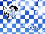  artist_name b.a.b.e.l._uniform black_legwear blush checkered checkered_background from_behind full_body kneehighs loafers logo long_hair long_sleeves looking_at_viewer nogami_aoi official_art shiina_takashi shoes simple_background solo translation_request very_long_hair wallpaper zettai_karen_children 