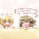  bath bathtub blonde_hair blush breasts brown_hair hidamari_sketch long_hair lyrics miyako multiple_girls music reku rubber_duck shared_bathing short_hair singing small_breasts translated wide_face yuno 