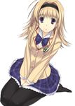  between_thighs blazer blonde_hair bow bowtie chaos;head from_below hairband jacket looking_up messy_hair mizuki_makoto nishijou_nanami pantyhose purple_hair school_uniform seiza sidelocks simple_background sitting solo v_arms 