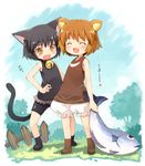  1girl animal_ears bad_id bad_pixiv_id bear_girl black_hair bloomers blush brown_eyes brown_hair cat_ears child fang fish happy kito_(sorahate) kuma-tan kumatanchi neko-kun short_hair tail underwear white_bloomers 