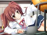  blush brown_hair computer dirty game_cg hair_ribbon jpeg_artifacts labcoat laptop long_hair lying non-web_source on_side ribbon sagara_maiko school_uniform skirt smile solo sora_wo_tobu_mittsu_no_houhou twintails yellow_eyes 