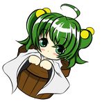  ahoge blush bucket green_eyes green_hair hair_bobbles hair_ornament in_bucket in_container kisume sanatan simple_background solo touhou twintails wooden_bucket 