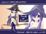 aono_makishi boots breasts broom character_name cleavage copyright_name dated glasses green_eyes halloween happy_halloween hat knee_boots kuryuu_tatsuki long_hair purple_hair small_breasts solo torikoro trick_or_treat very_long_hair witch witch_hat 