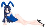  animal_ears asakura_ryouko bare_legs blue_eyes blue_hair bunny_ears bunnysuit high_heels kujou_mikuru long_hair shoes solo suzumiya_haruhi_no_yuuutsu 