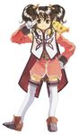  anise_tatlin belt brown_eyes brown_hair contrapposto fujishima_kousuke full_body gloves hair_ribbon hand_on_hip highres official_art ribbon salute scan simple_background smile solo standing stuffed_toy tales_of_(series) tales_of_the_abyss thighhighs tokunaga twintails two-finger_salute white_background 