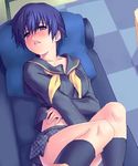  blue_eyes blue_hair blush couch persona persona_4 pillow school_uniform serafuku shirogane_naoto short_hair skirt solo yasogami_school_uniform zen 