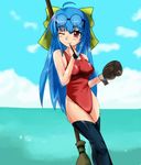  bad_id bad_pixiv_id beach blue_hair broom copyright_request day glasses gloves holding holding_pipe kiari long_hair one-piece_swimsuit pipe pipe_in_mouth red_eyes resizing_artifacts solo swimsuit thighhighs 