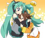  aqua_hair blue_eyes blush brown_hair cosplay hatsune_miku hatsune_miku_(cosplay) hiiragi_kagami hug ixy kusakabe_misao lucky_star multiple_girls vocaloid 