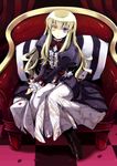  blonde_hair blue_eyes boots bow chair dress full_body heterochromia long_hair mary_clarissa_christie petals pillow shikkoku_no_sharnoth sitting solo steampunk_(liarsoft) touya_(the-moon) very_long_hair yellow_eyes 