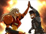  1girl armor beard blonde_hair blue_eyes captainosaka cigarette explosion facial_hair grin high_five long_hair metal_gear_(series) metal_gear_solid metroid mustache samus_aran smile smoking solid_snake super_smash_bros. varia_suit 