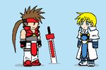  2boys animated animated_gif chibi eighth_note guilty_gear imitating ky_kiske lowres male_focus multiple_boys musical_note sol_badguy speech_bubble spoken_musical_note sweatdrop sword tabard weapon 