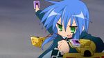  bangs blue_hair crossover duel_disk green_eyes izumi_konata jitome long_hair lucky_star non-web_source parody screencap sideways_mouth solo upper_body v-shaped_eyebrows very_long_hair yuu-gi-ou yuu-gi-ou_duel_monsters 