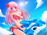  :d bad_id bad_pixiv_id between_breasts bikini breasts day dutch_angle inflatable_dolphin inflatable_toy kay_(utd) large_breasts long_hair open_mouth original pink_hair purple_eyes smile solo swimsuit water 