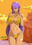  artist_request bikini breast_suppress breasts contrapposto covered_nipples curvy derivative_work hair_over_eyes large_breasts layer lips long_hair mole mole_under_eye purple_hair rockman rockman_x smile solo standing swimsuit very_long_hair 