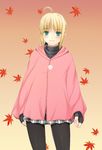  ahoge artoria_pendragon_(all) blonde_hair fate/stay_night fate_(series) fingerless_gloves gloves green_eyes leaf pantyhose saber shizuku_(artist) solo 