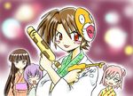  akashi_yuuna blurry bokeh brown_hair depth_of_field hoshikawa_tsukimi izumi_ako japanese_clothes kimono mahou_sensei_negima! mask multiple_girls ookouchi_akira red_eyes sasaki_makie short_hair side_ponytail toy_gun yukata 