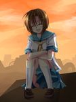  bad_id bad_pixiv_id blush closed_eyes crossed_arms happy higurashi_no_naku_koro_ni kneehighs orange_hair outdoors ryuuguu_rena school_uniform serafuku shoes short_hair sitting skirt sky smile socks solo sunset tsukioka_tsukiho 