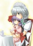  blue_hair cup hat hug izayoi_sakuya kagura_chitose maid multiple_girls remilia_scarlet ribbon short_hair silver_hair tea touhou 