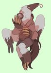  brown_feathers brown_fur claws clothing earphones feathers fur green_background green_eyes headphones hoodie long_tongue looking_at_viewer male plain_background shirt_logo solo tongue white_feathers white_fur wings yolk_(artist) 