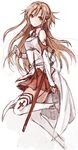  asuna_(sao) brown_eyes brown_hair kirisawa_saki long_hair simple_background skirt smile solo sword sword_art_online weapon white_background 