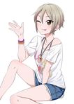  ;p between_legs bracelet brown_eyes clothes_writing denim denim_skirt earrings grey_hair hand_between_legs idolmaster idolmaster_cinderella_girls jewelry leg_up long_legs necklace one_eye_closed outstretched_hand shiomi_shuuko shirt short_hair sitting skirt smile solo t-shirt tokita_arumi tongue tongue_out 