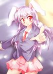  animal_ears bad_id bad_pixiv_id blue_background blush bunny_ears dress_shirt foreshortening full_moon hiyokodou jacket light_particles long_hair long_sleeves looking_at_viewer moon necktie open_mouth pointing purple_hair red_eyes red_neckwear reisen_udongein_inaba shirt skirt solo touhou 
